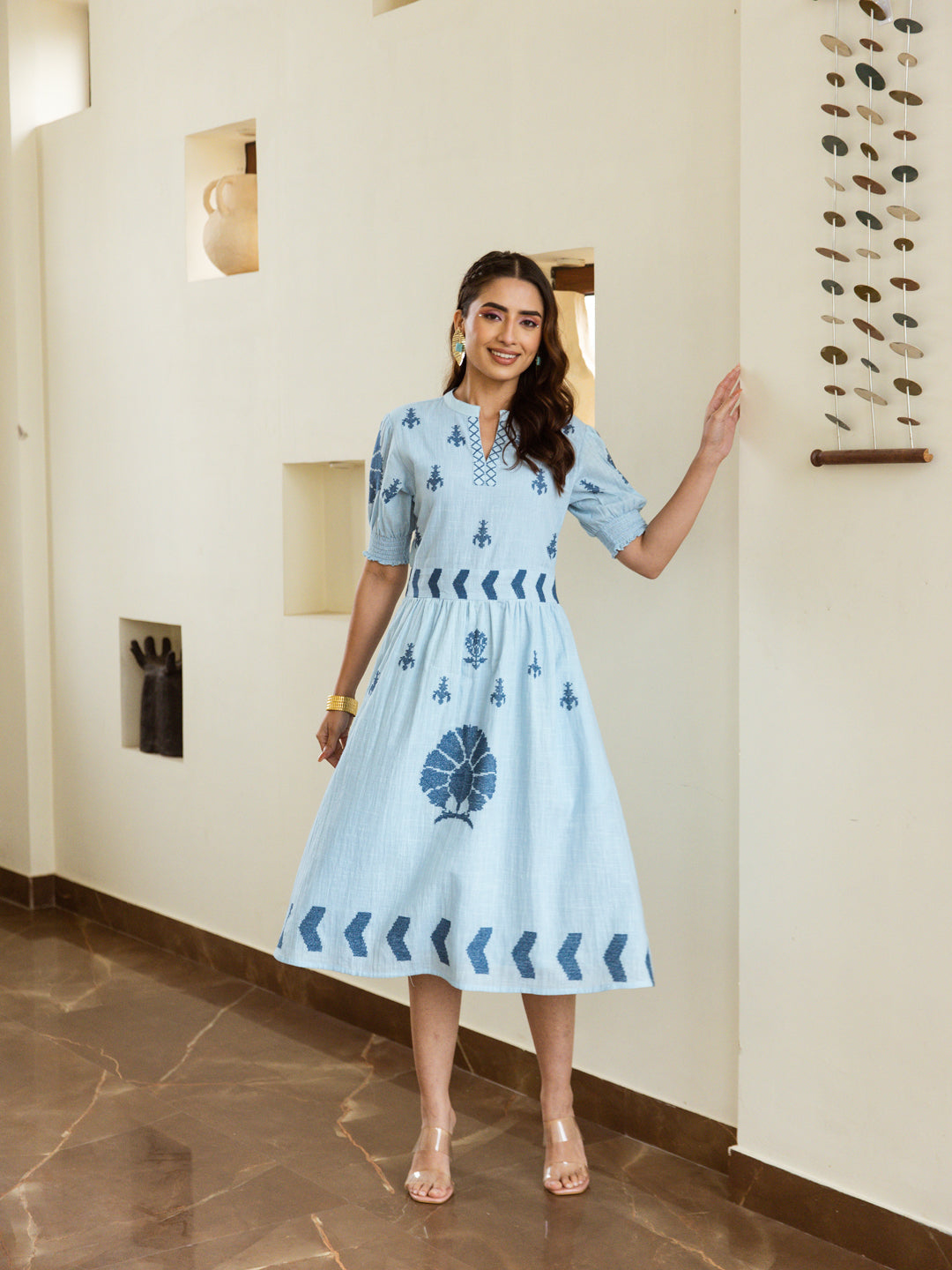 Autumn Blue Embroidery Dress