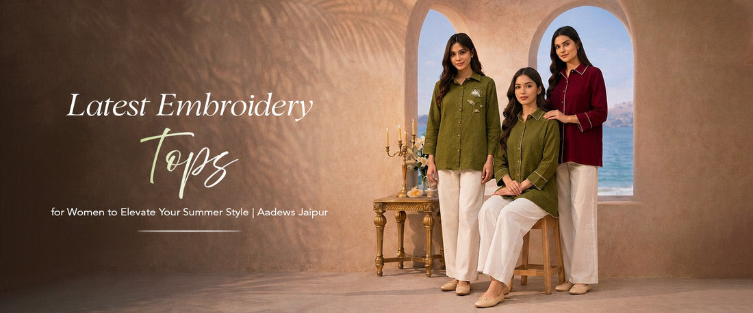 Stylish olive green hand-embroidered cotton tops for women by Aadews Jaipur summer collection