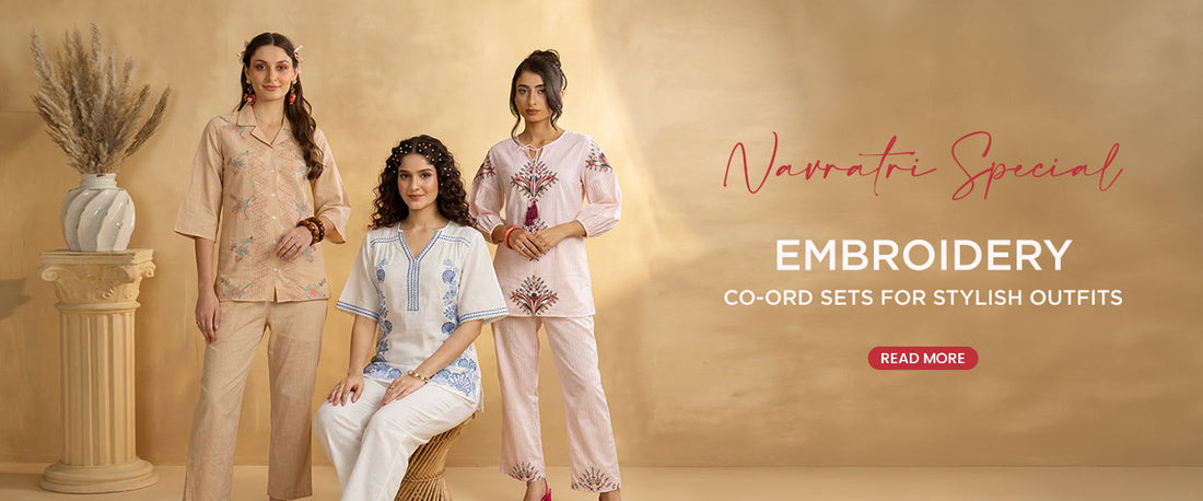 Navratri special embroidery co-ord sets for women featuring stylish ethnic outfits in pastel colors for festive wear