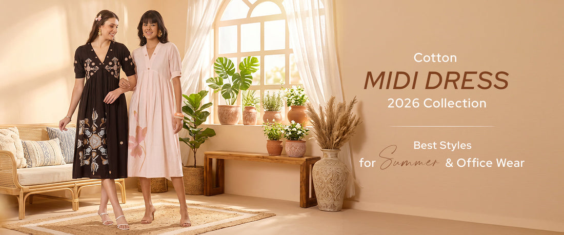 New arrival cotton midi dresses for summer 2026 styled in a boho-chic indoor setting with plants