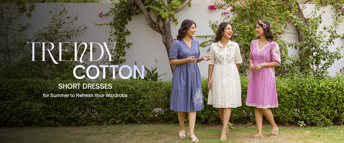 Three women wearing trendy cotton summer short dresses
