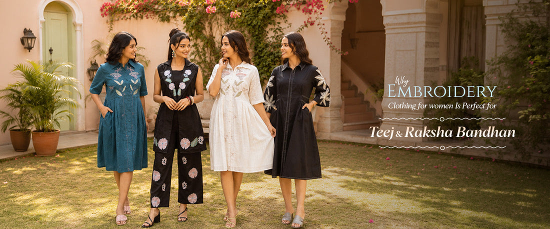 Women wearing festive embroidered dresses for Teej and Raksha Bandhan celebrations
