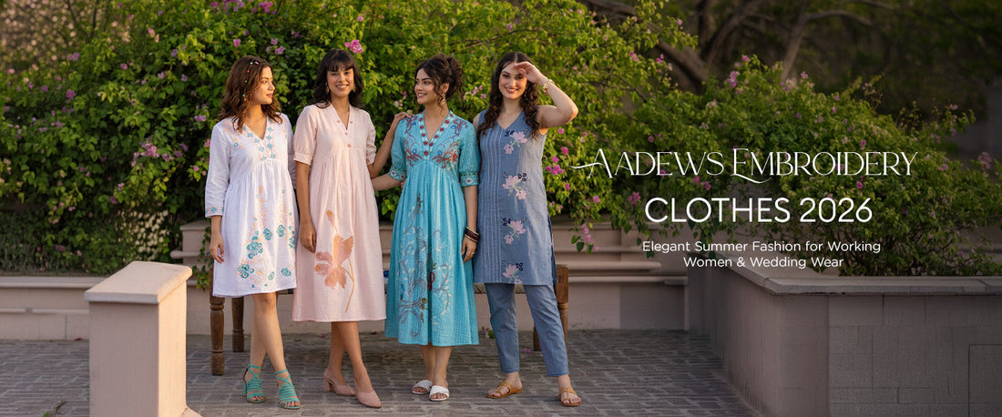 Four models posing in Aadews 2026 summer fashion collection featuring elegant pastel embroidery midi dresses and floral co-ord sets designed for working women
