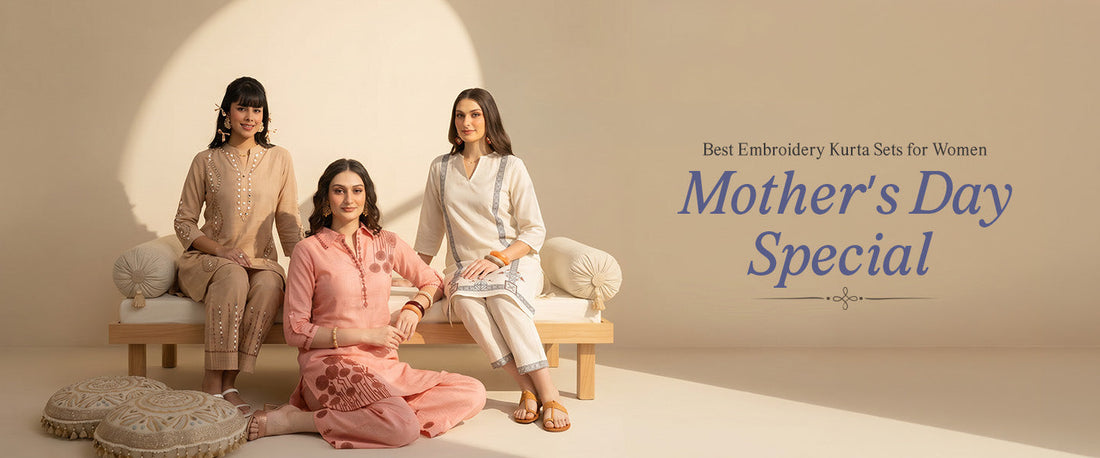 Elegant embroidery kurta sets for women showcased in soft pastel tones, perfect for Mother’s Day special fashion collection