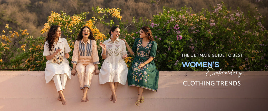 Stylish women flaunting premium embroidered kurtis, co-ord sets, and elegant dresses in a scenic outdoor shoot.