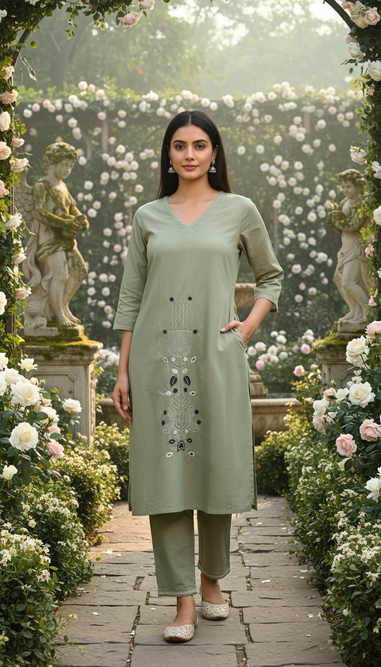 Nola Flower Green Embroidery Kurta Set