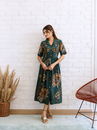 Peas teal green embroidery dress