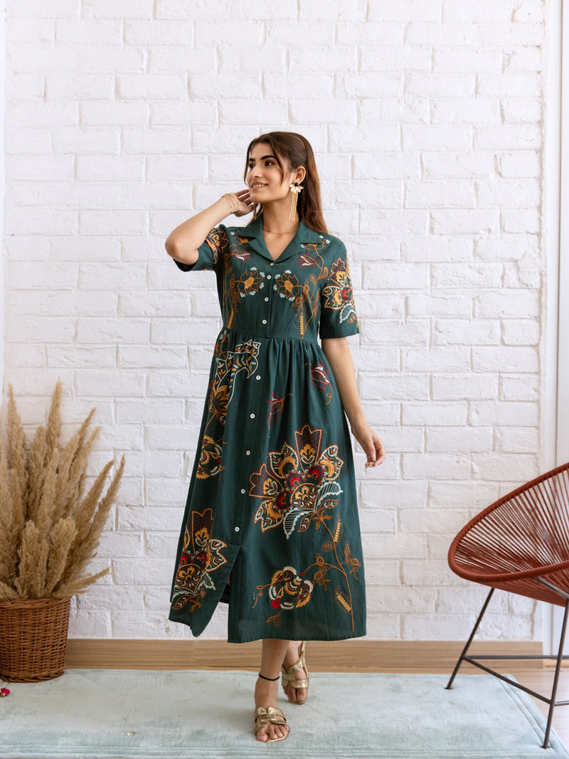 Peas teal green embroidery dress