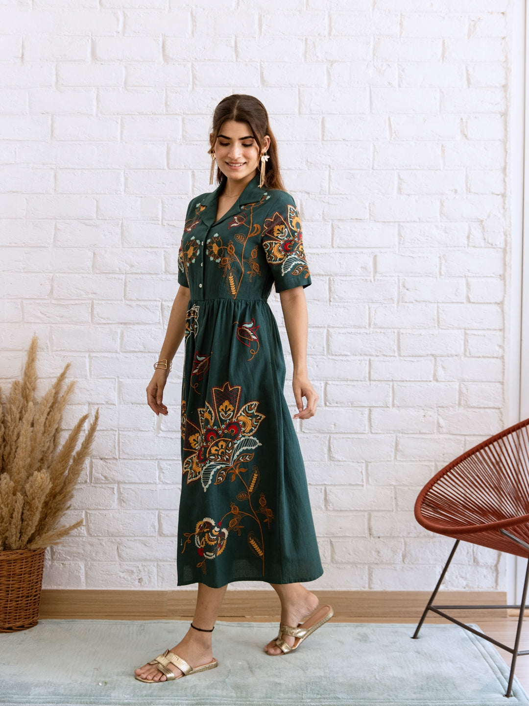 Peas teal green embroidery dress