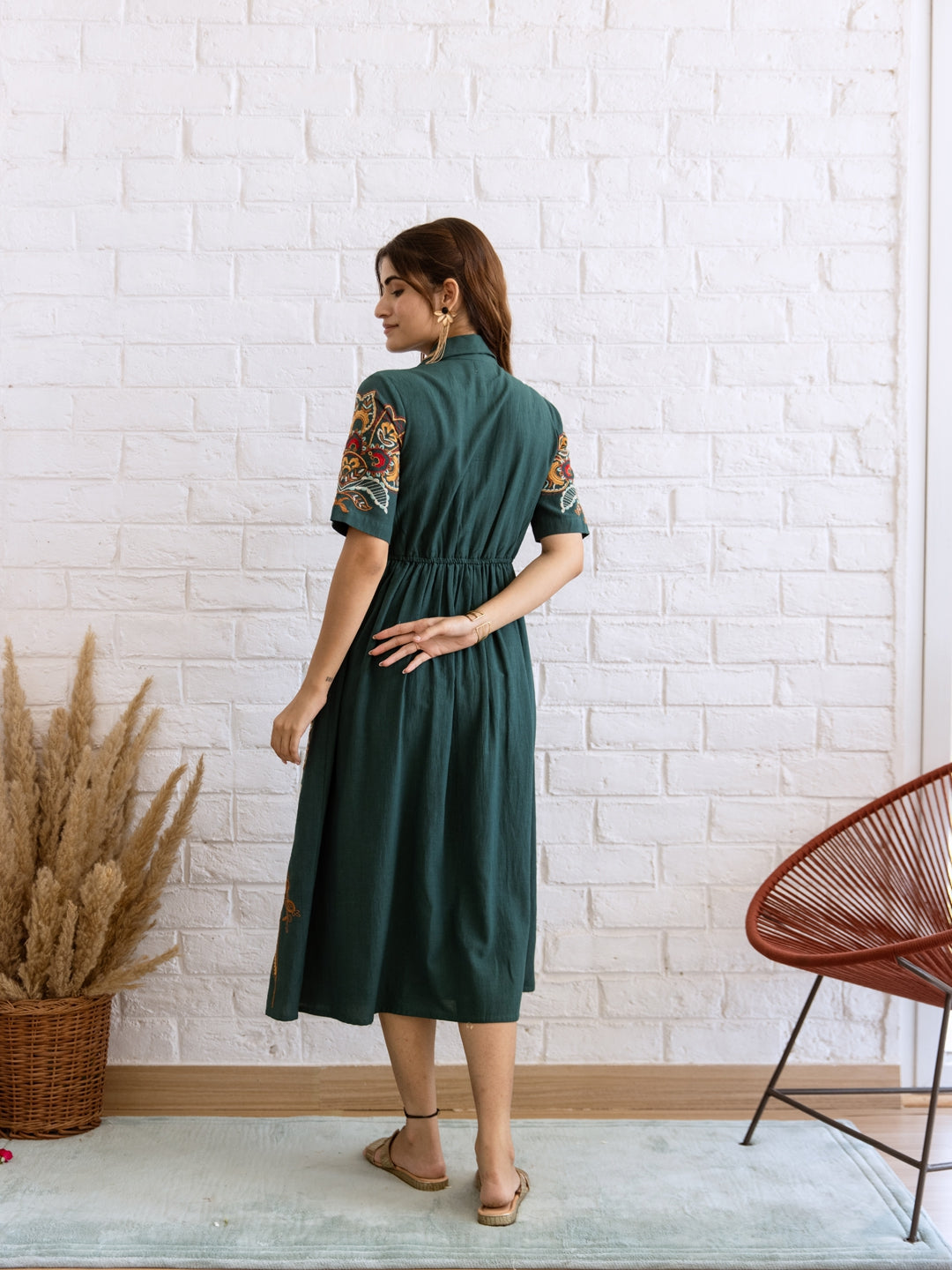 Peas teal green embroidery dress