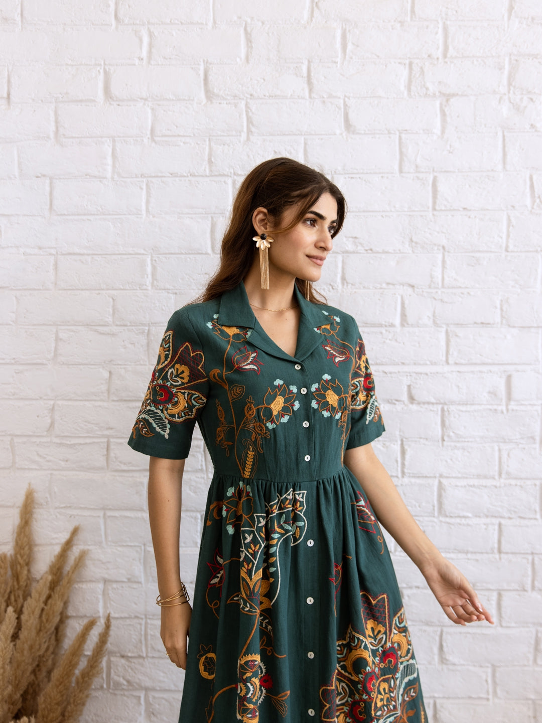 Peas teal green embroidery dress