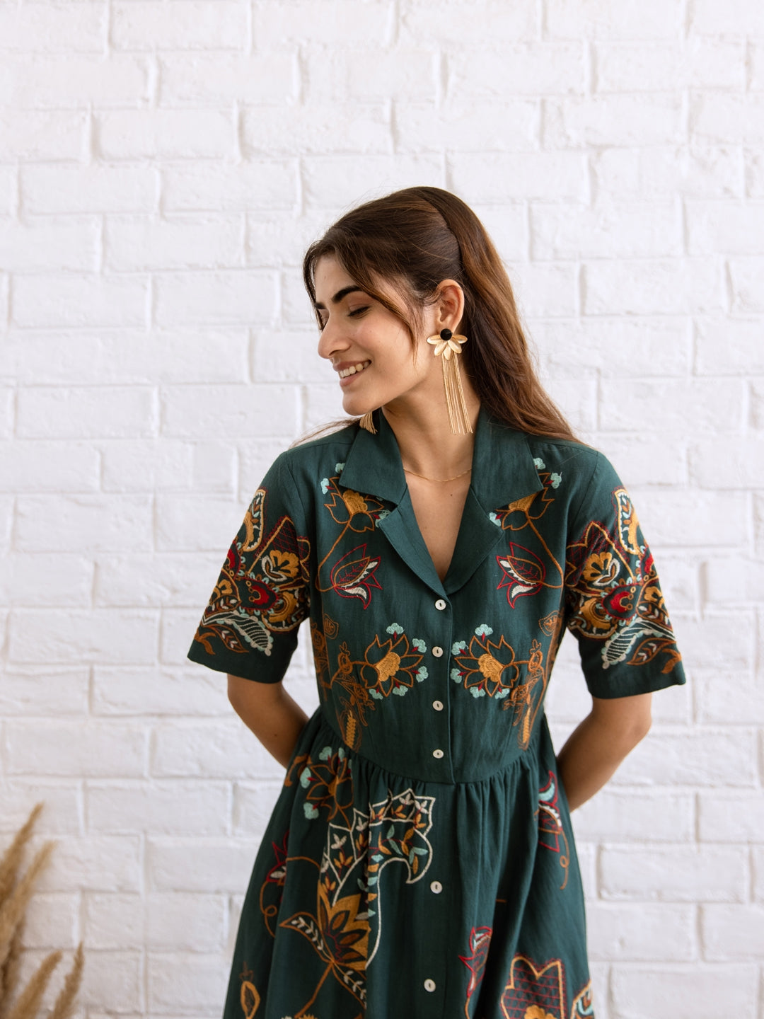 Peas teal green embroidery dress