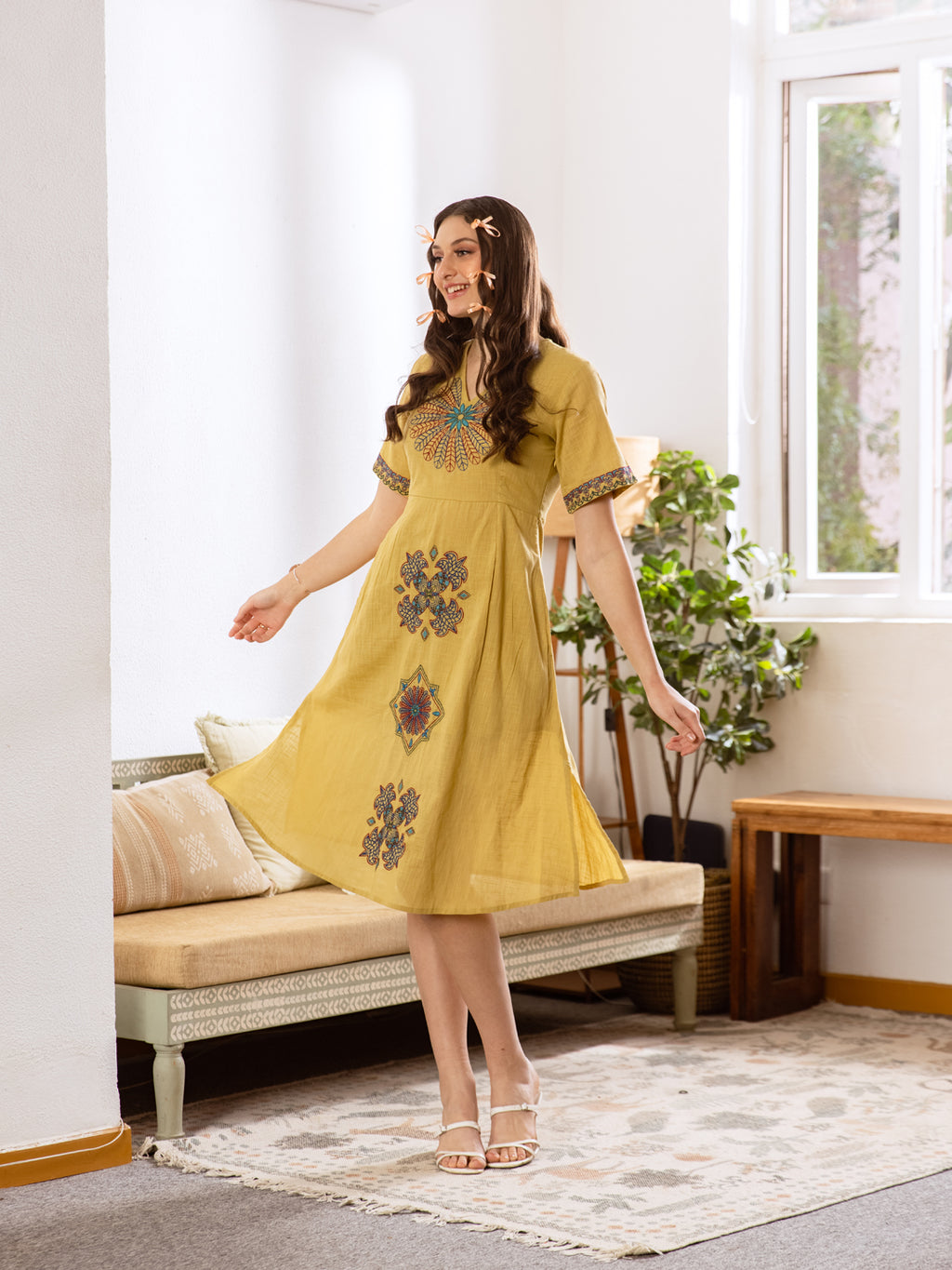 Flaming Mustard Embroidery Dress