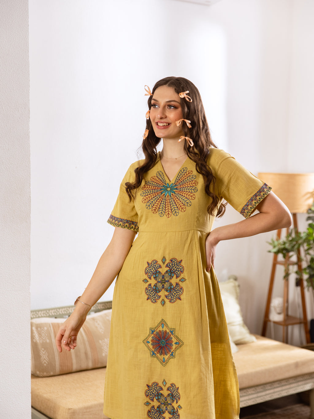 Flaming Mustard Embroidery Dress