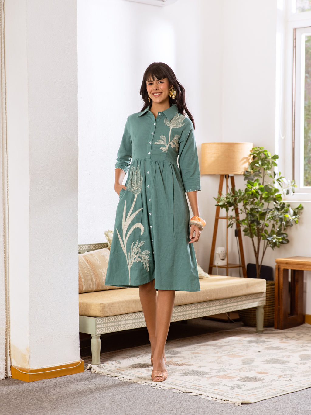 Parker Teal green Embroidery Dress