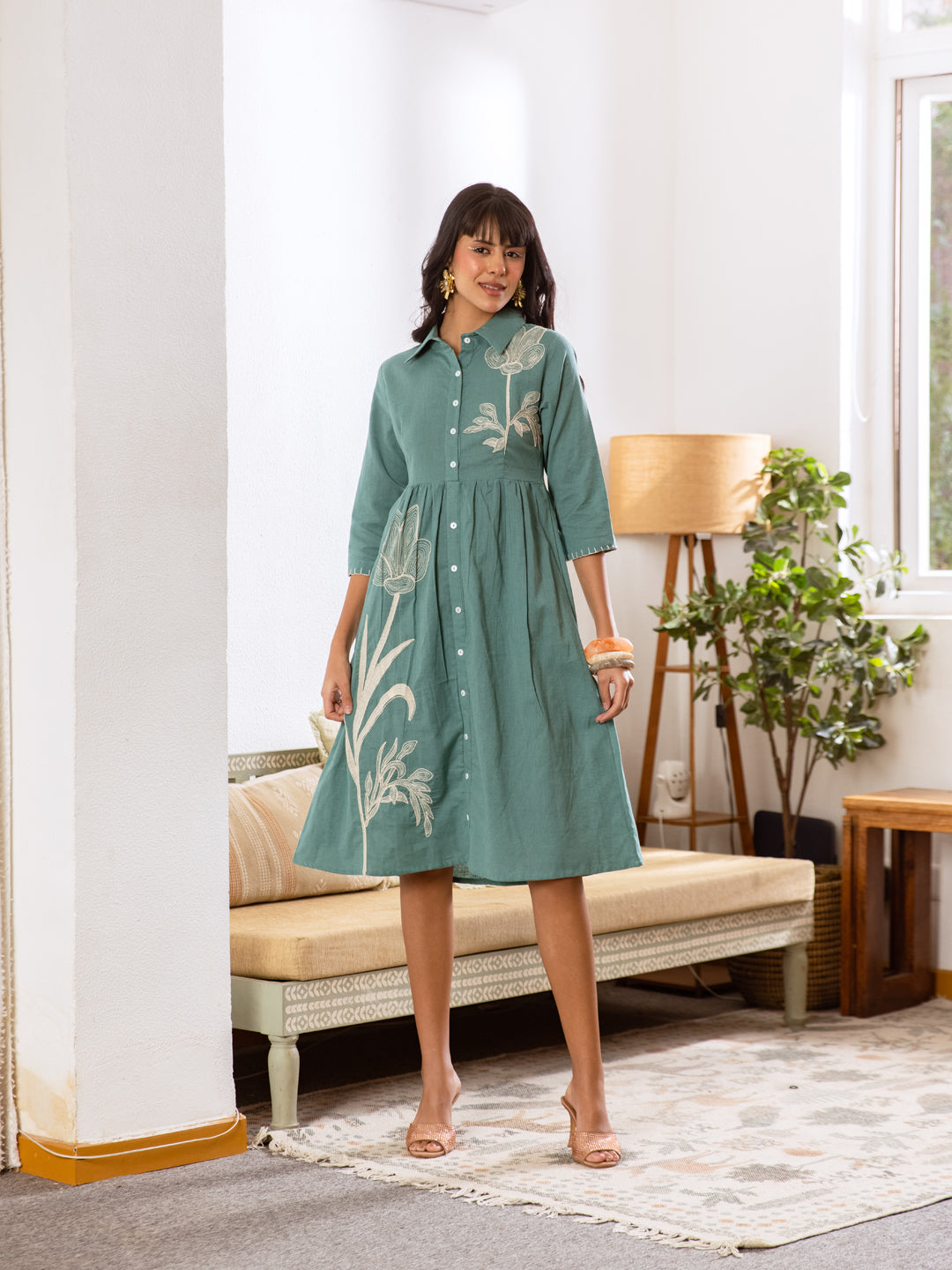 Parker Teal green Embroidery Dress