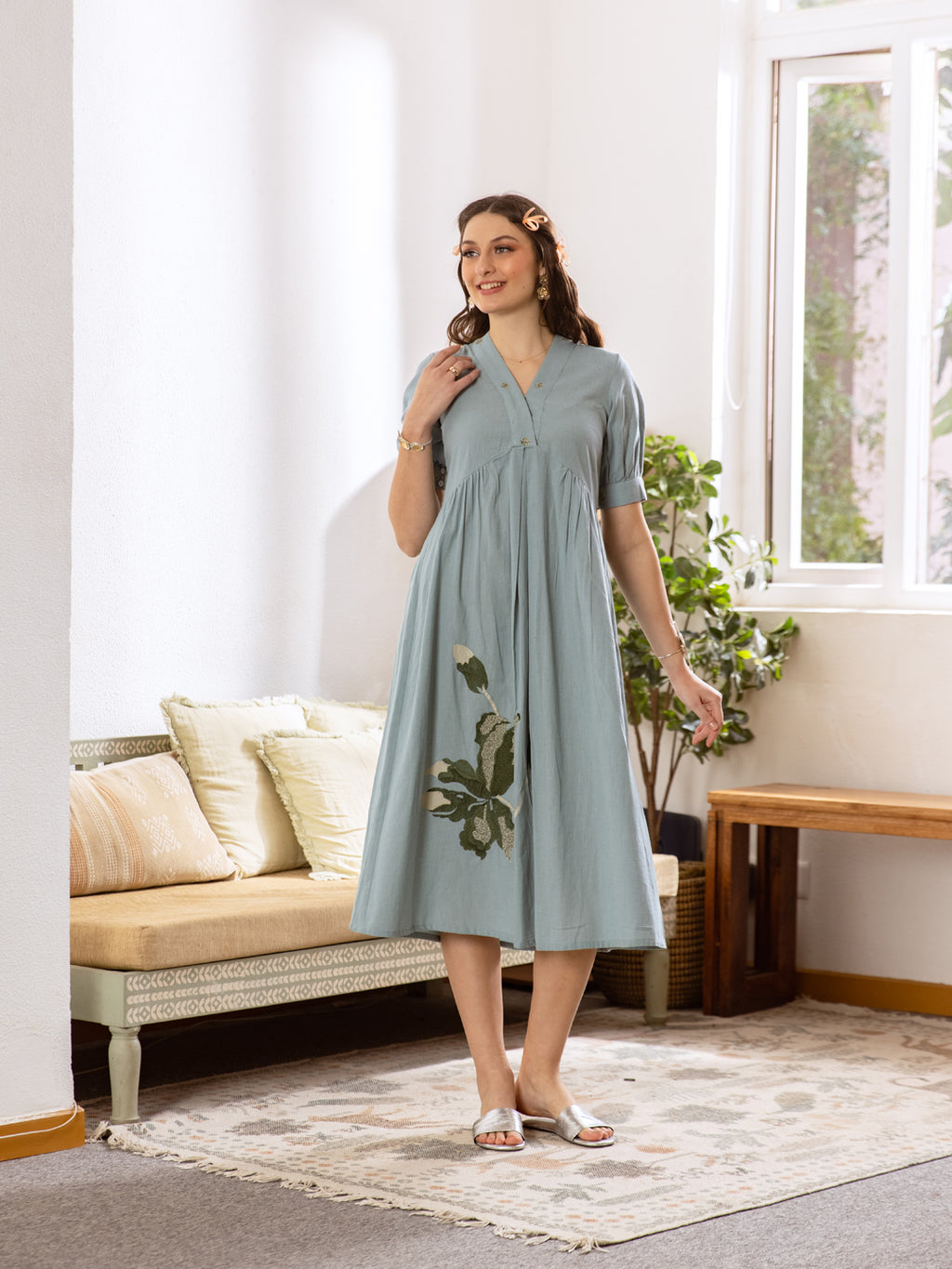 Elish Dusty blue Embroidery Dress