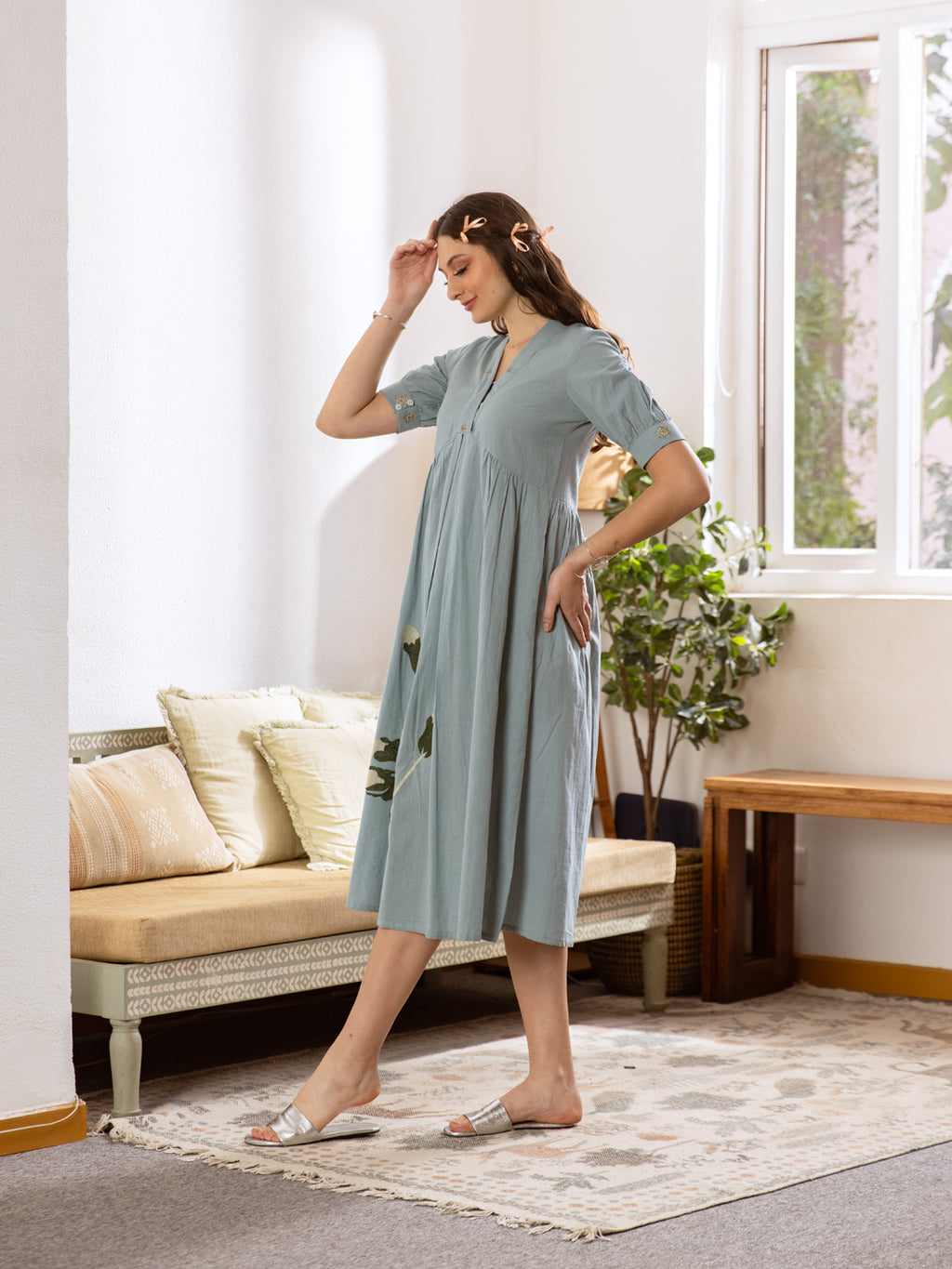 Elish Dusty blue Embroidery Dress