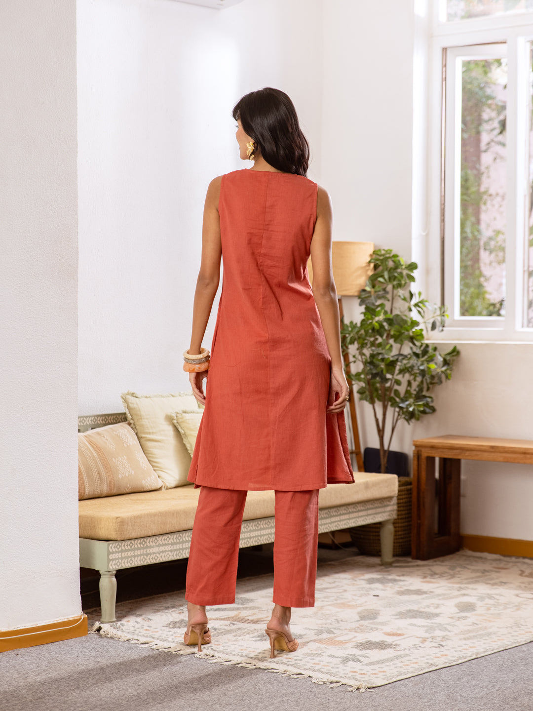 Huck Rust Embroidery Kurta Set