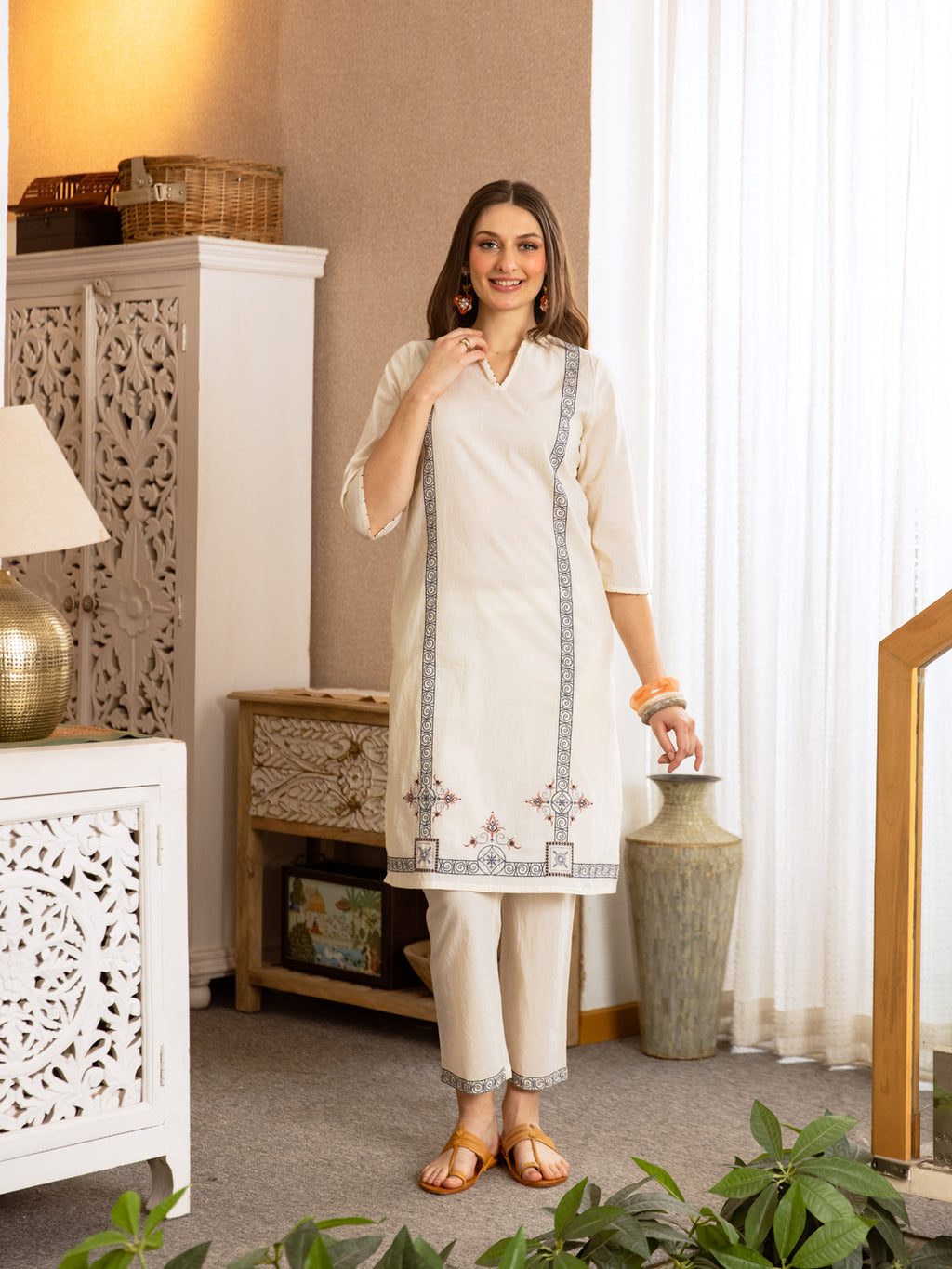 Opex White Embroidery Kurta Set