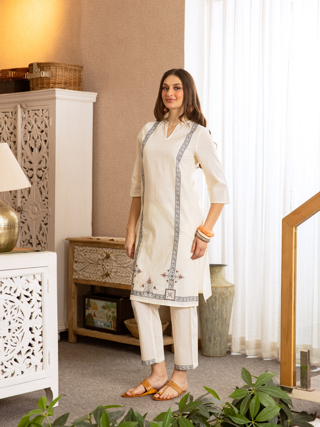 Opex White Embroidery Kurta Set