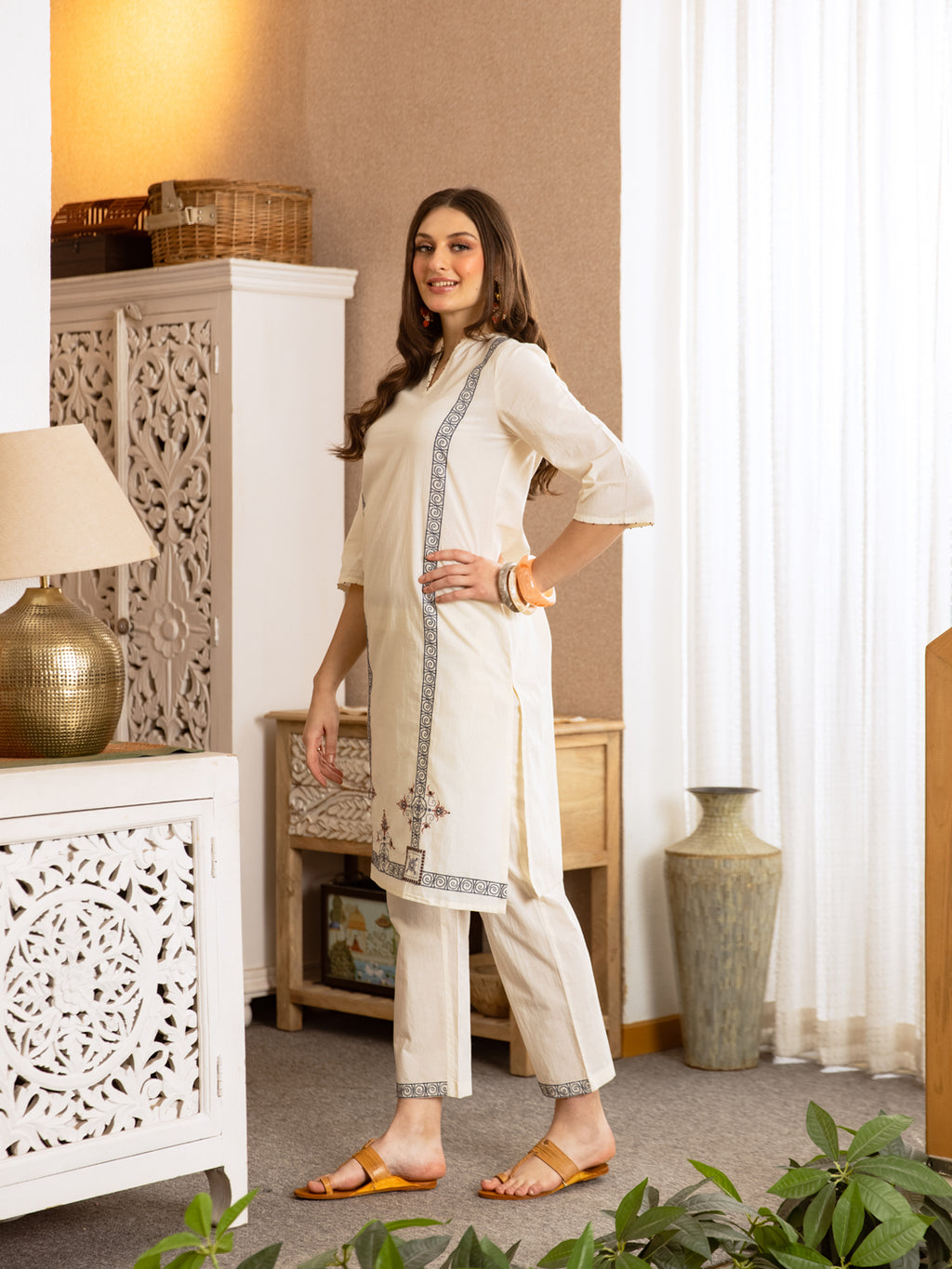 Opex White Embroidery Kurta Set