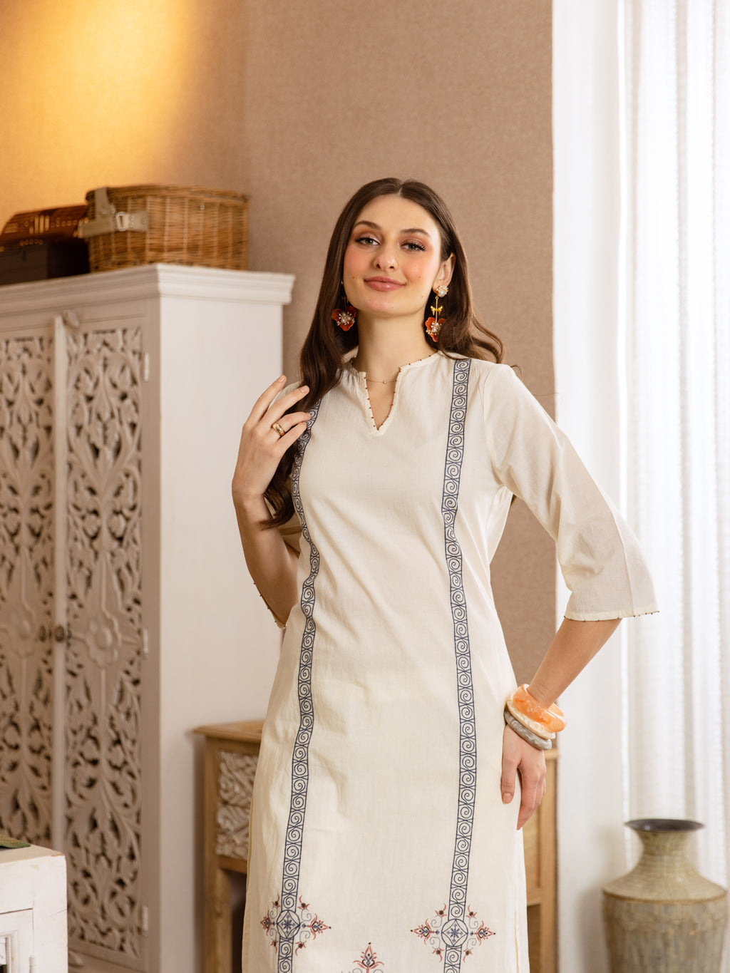 Opex White Embroidery Kurta Set