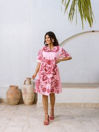 Blue circle embroidery pink dress