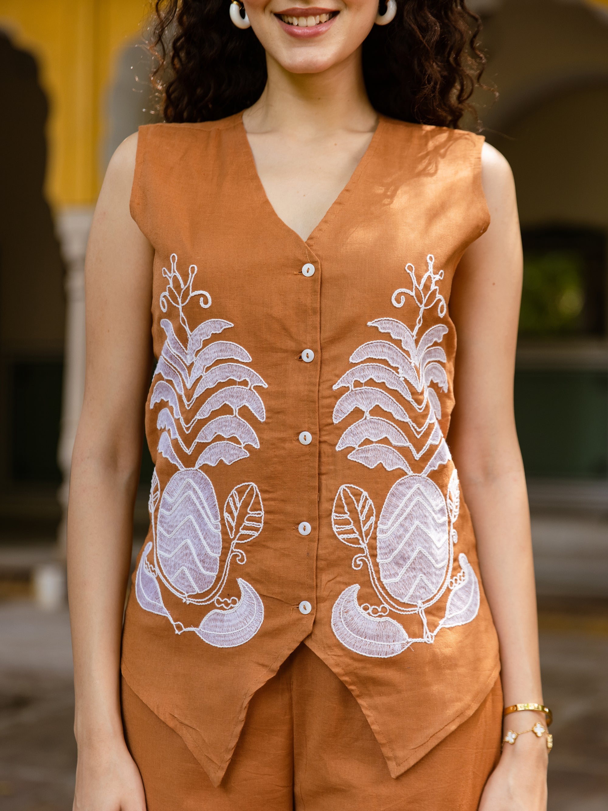 Sara Rust -Brown Embroidery Dress