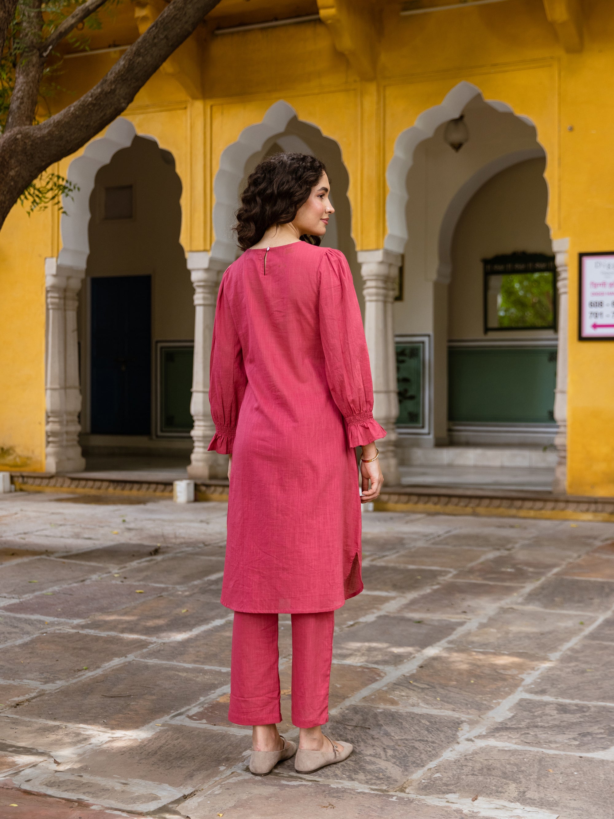 Daisy Coral Red Embroidery Kurta Set