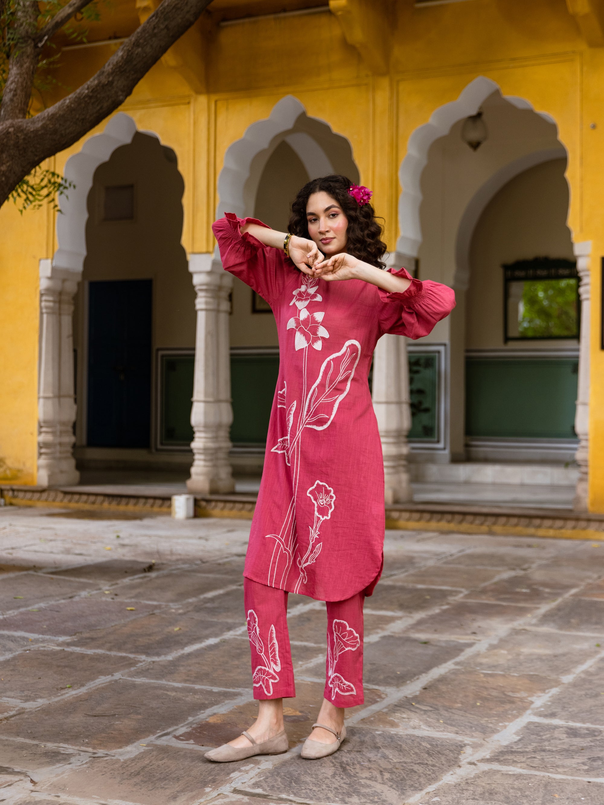 Daisy Coral Red Embroidery Kurta Set
