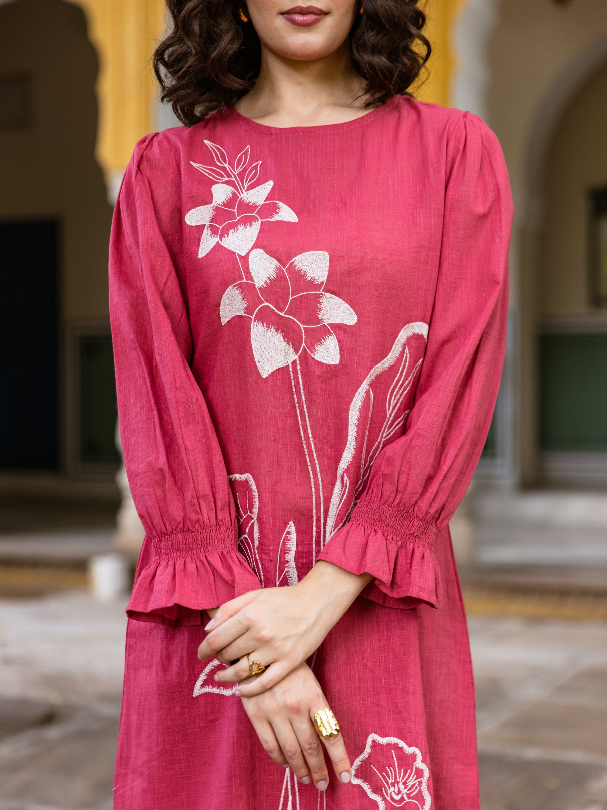 Daisy Coral Red Embroidery Kurta Set