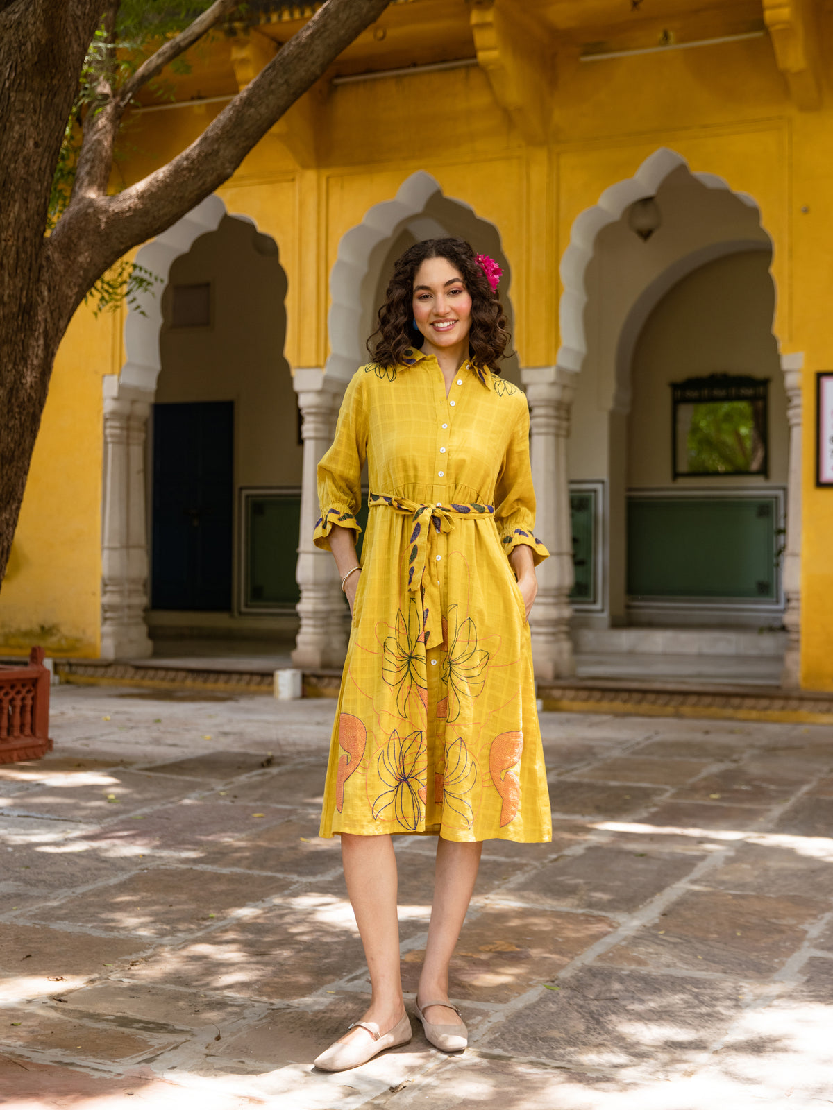 Kaia Mustard Embroidery Dress