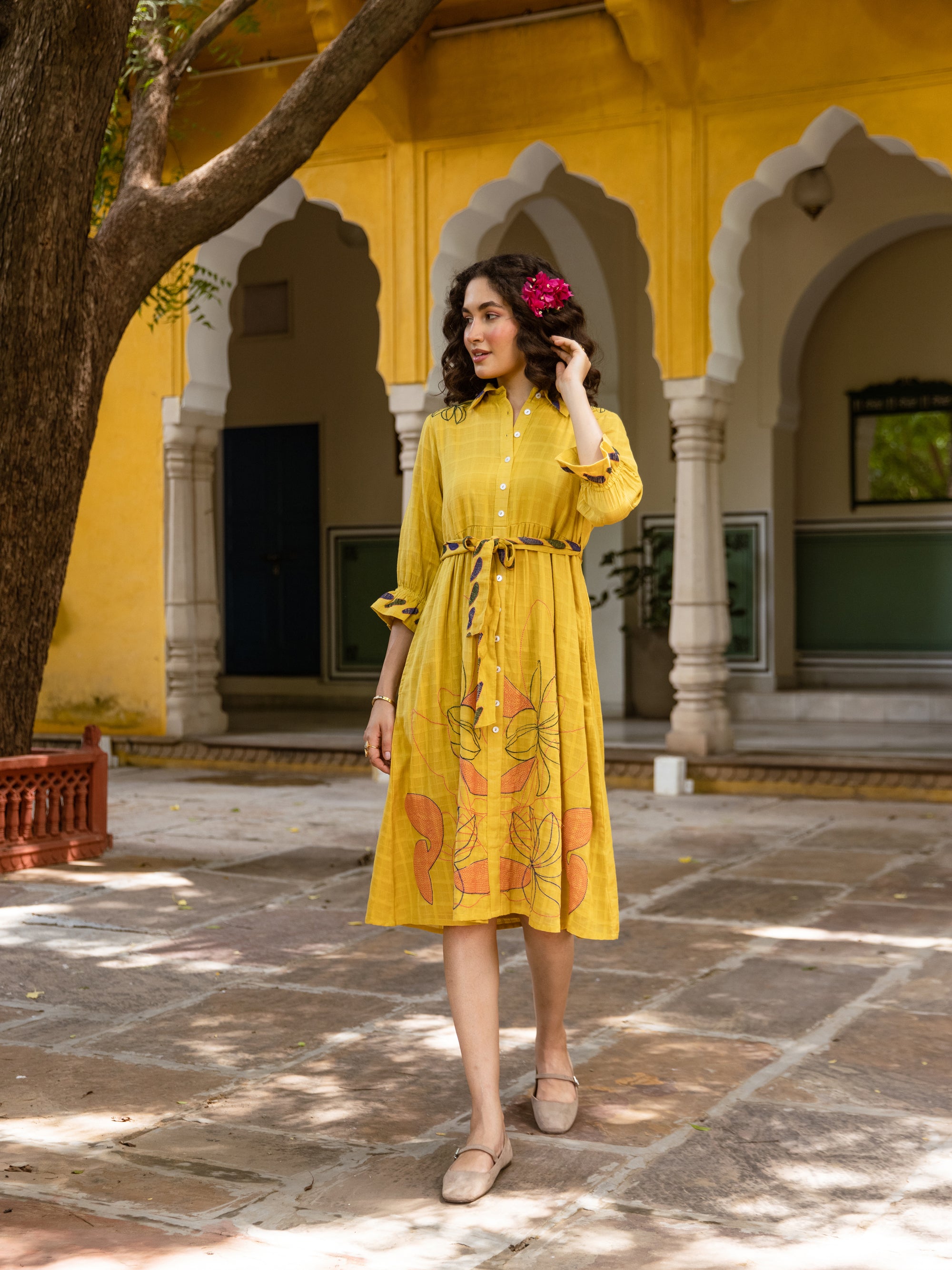 Kaia Mustard Embroidery Dress