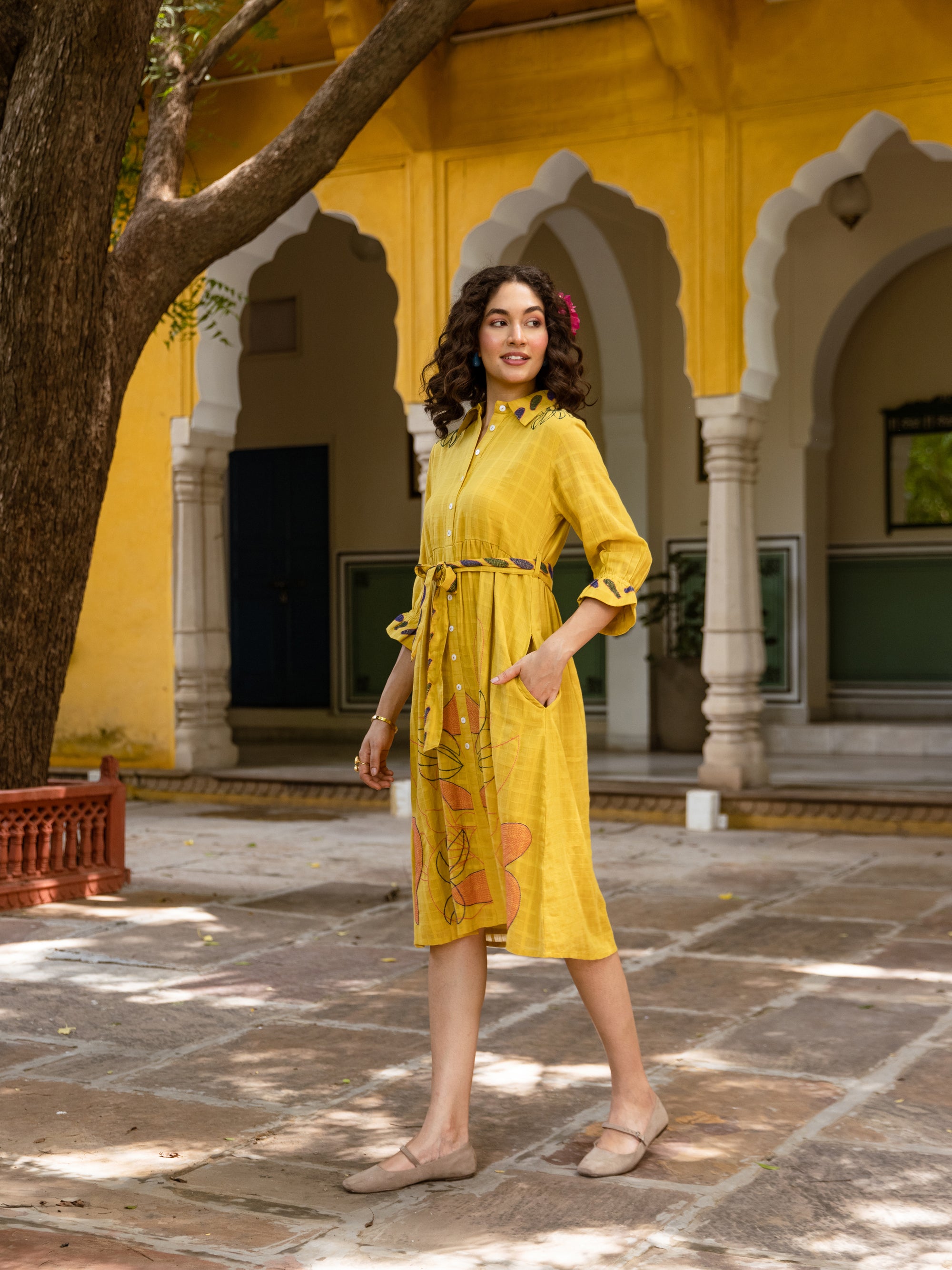 Kaia Mustard Embroidery Dress