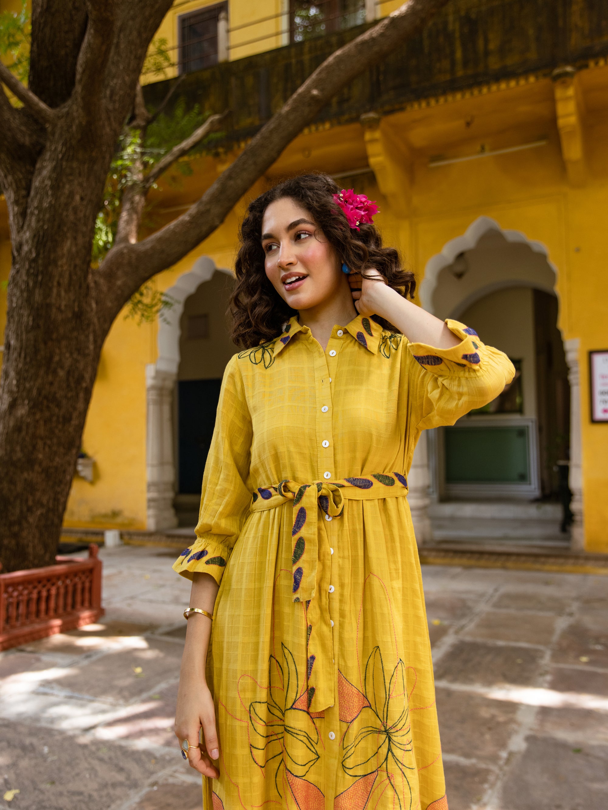 Kaia Mustard Embroidery Dress