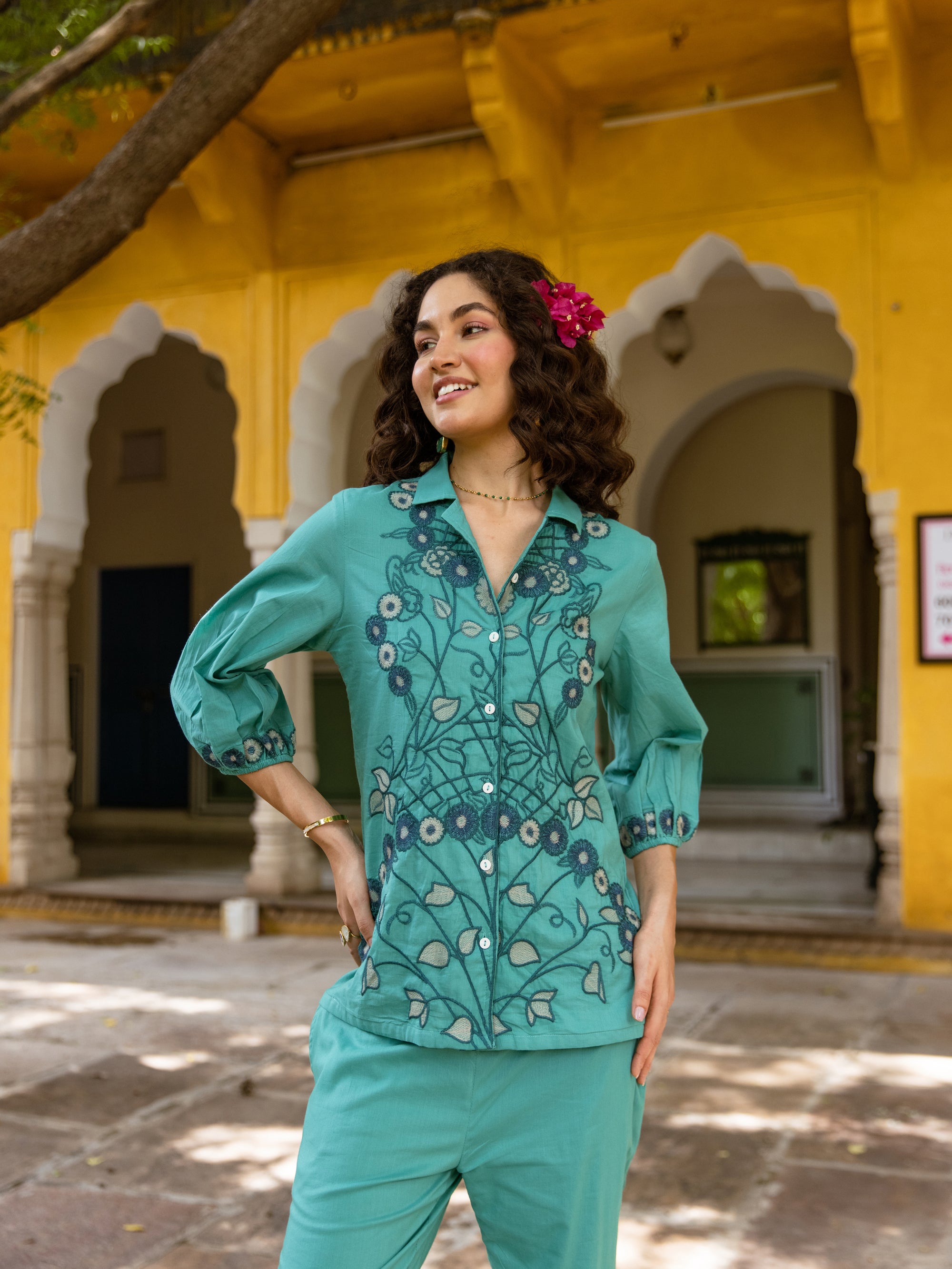 Neelam Teal Embroidery Co-ord set