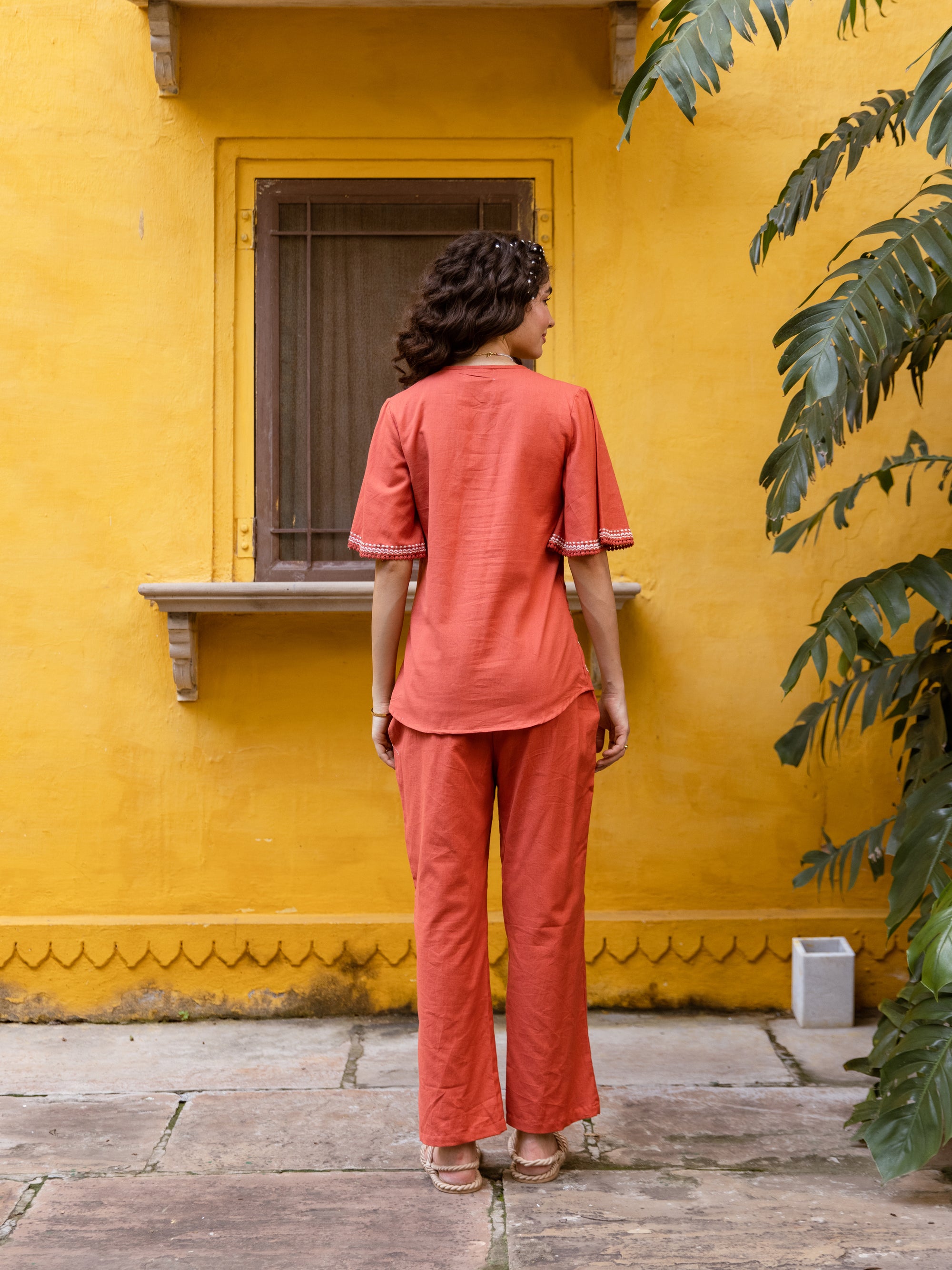 Matteo Rust-Orange Embroidery Co-ord Set