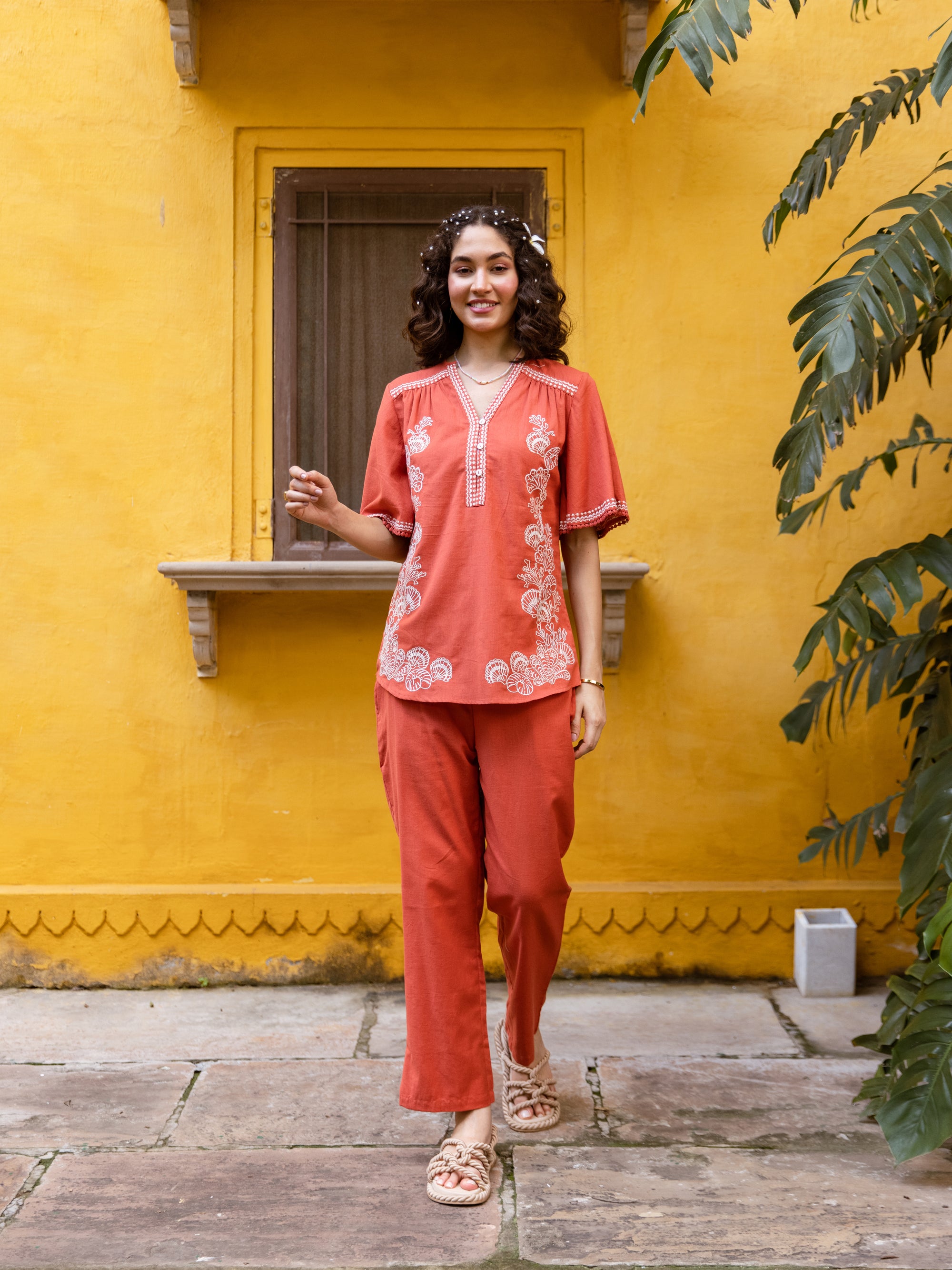 Matteo Rust-Orange Embroidery Co-ord Set