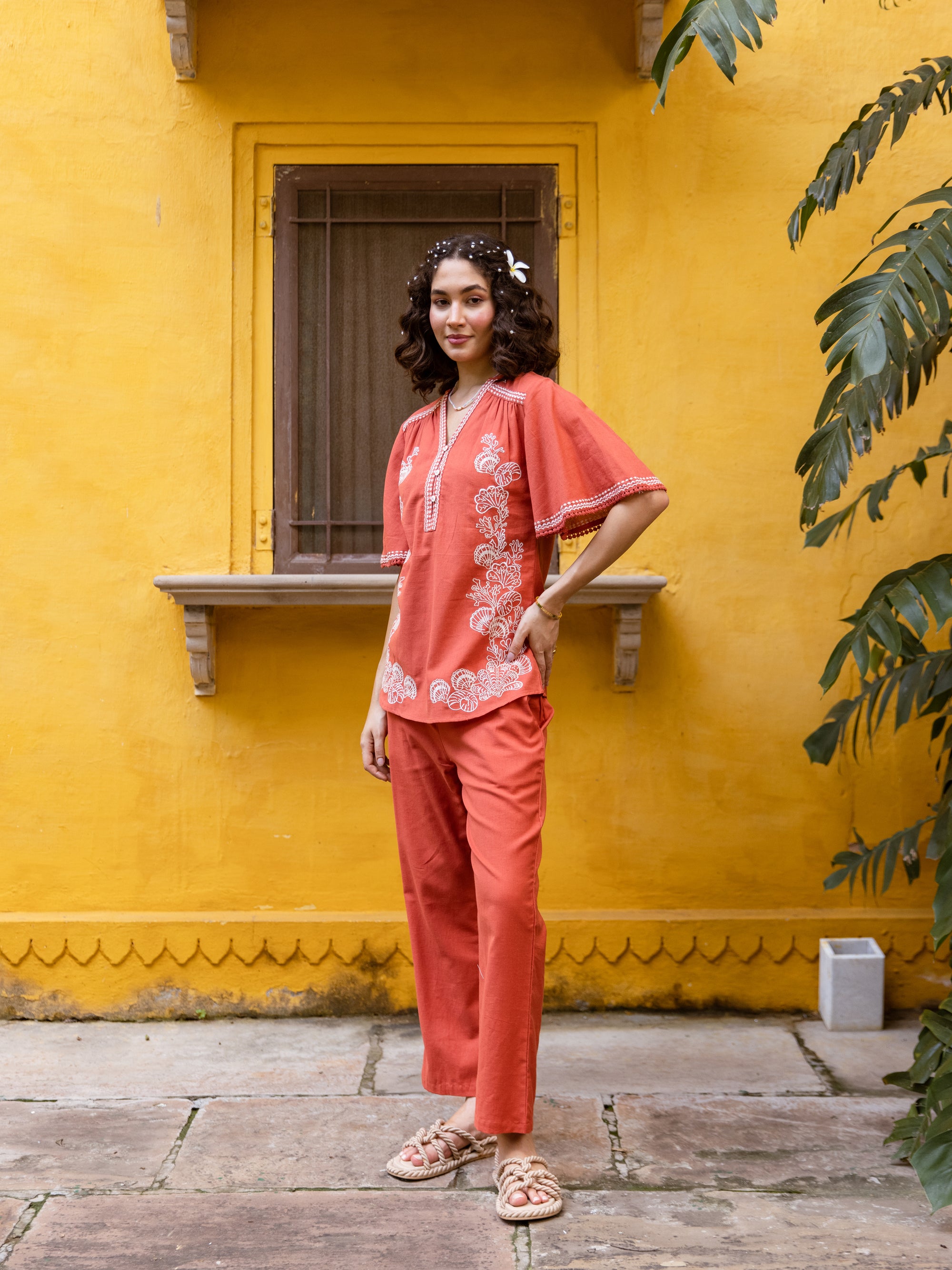 Matteo Rust-Orange Embroidery Co-ord Set