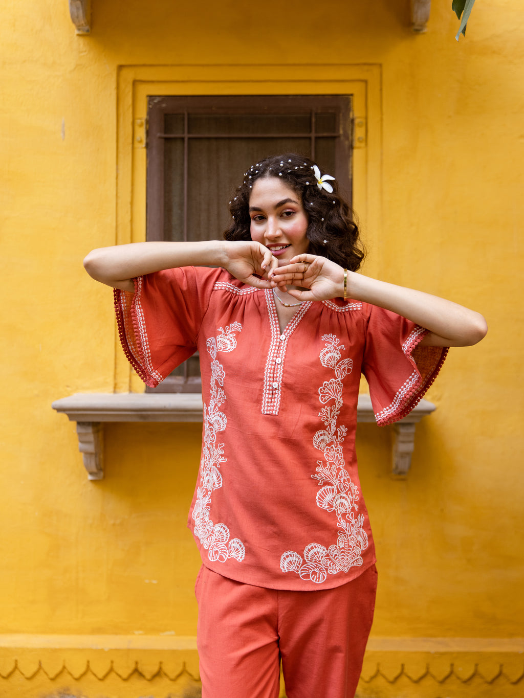 Matteo Rust-Orange Embroidery Co-ord Set