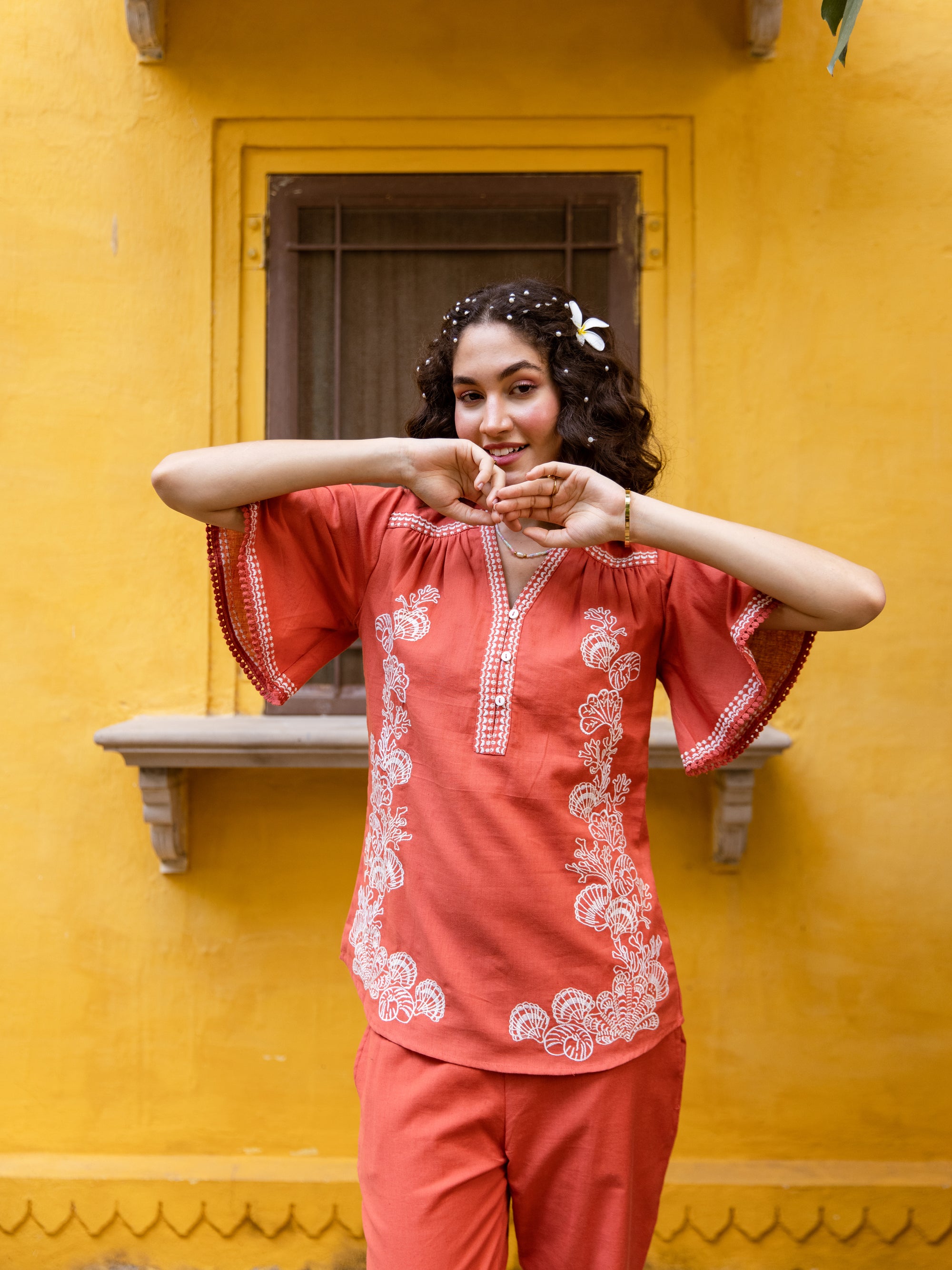 Matteo Rust-Orange Embroidery Co-ord Set