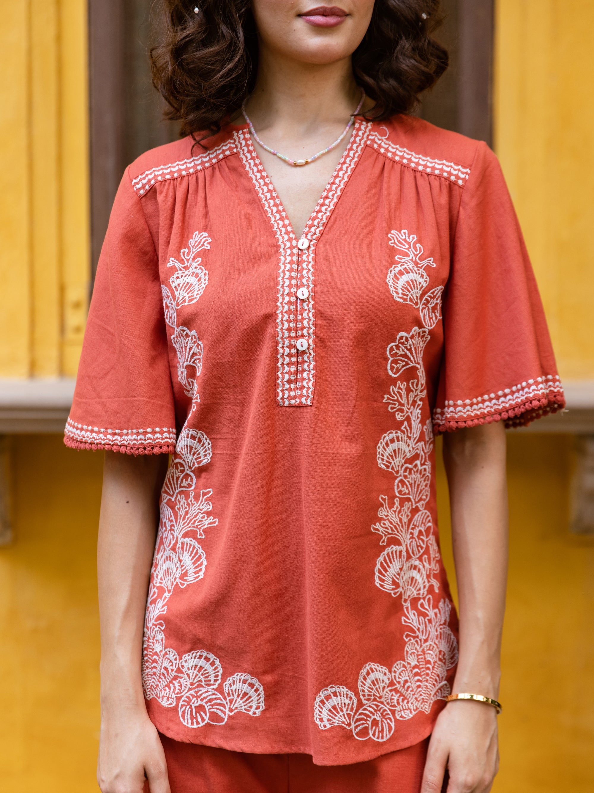 Matteo Rust-Orange Embroidery Co-ord Set