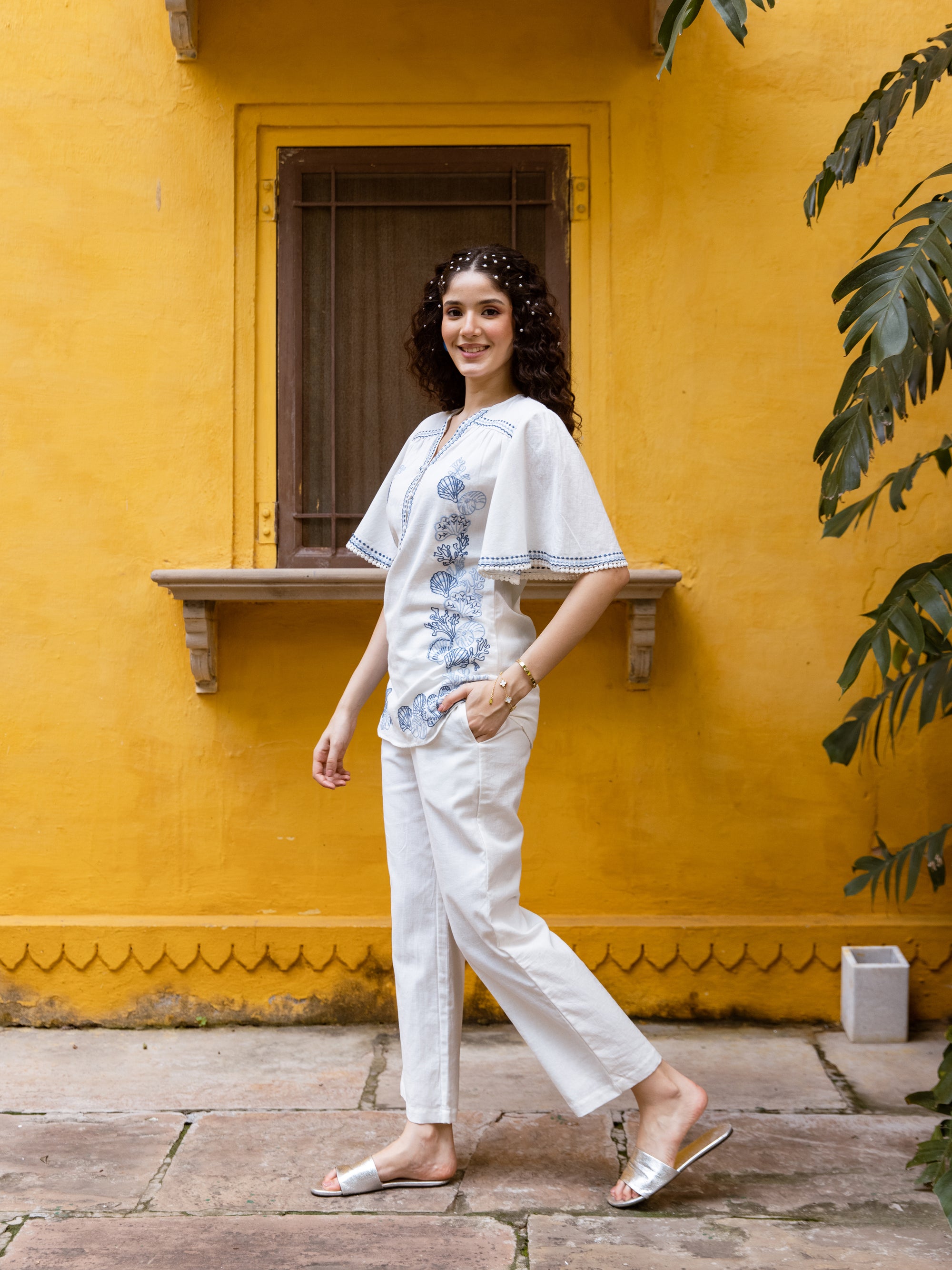 Matteo White Embroidery Co-ord Set