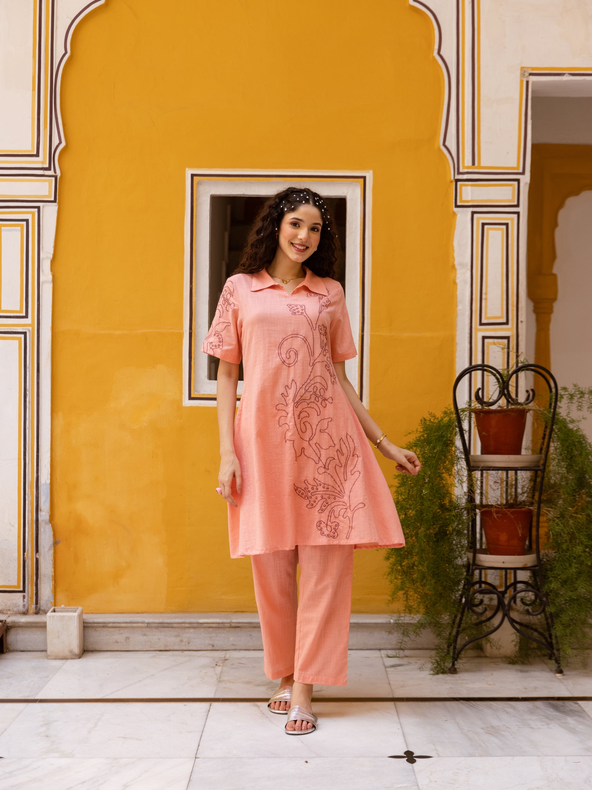 Berry Peach Embroidery Kurta Set
