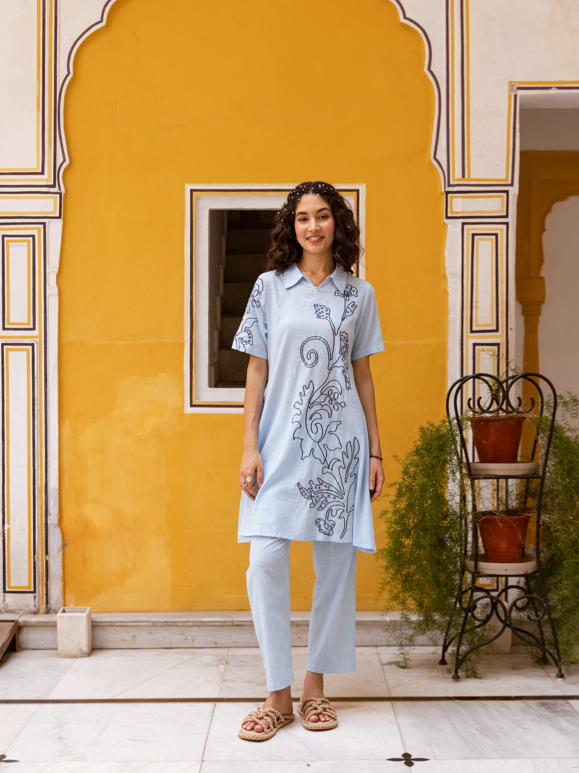 Berry Sky Blue Embroidery Kurta Set