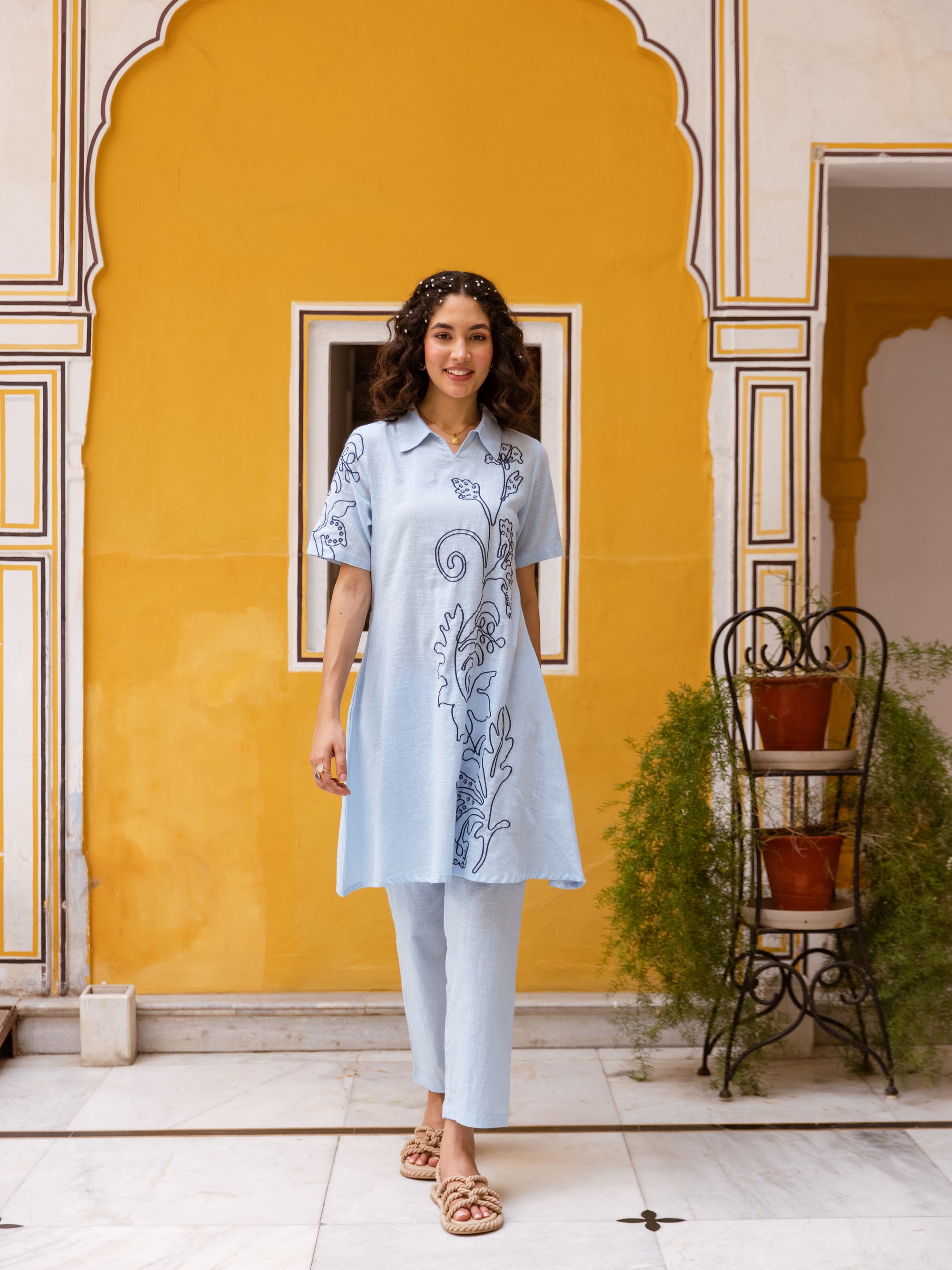 Berry Sky Blue Embroidery Kurta Set