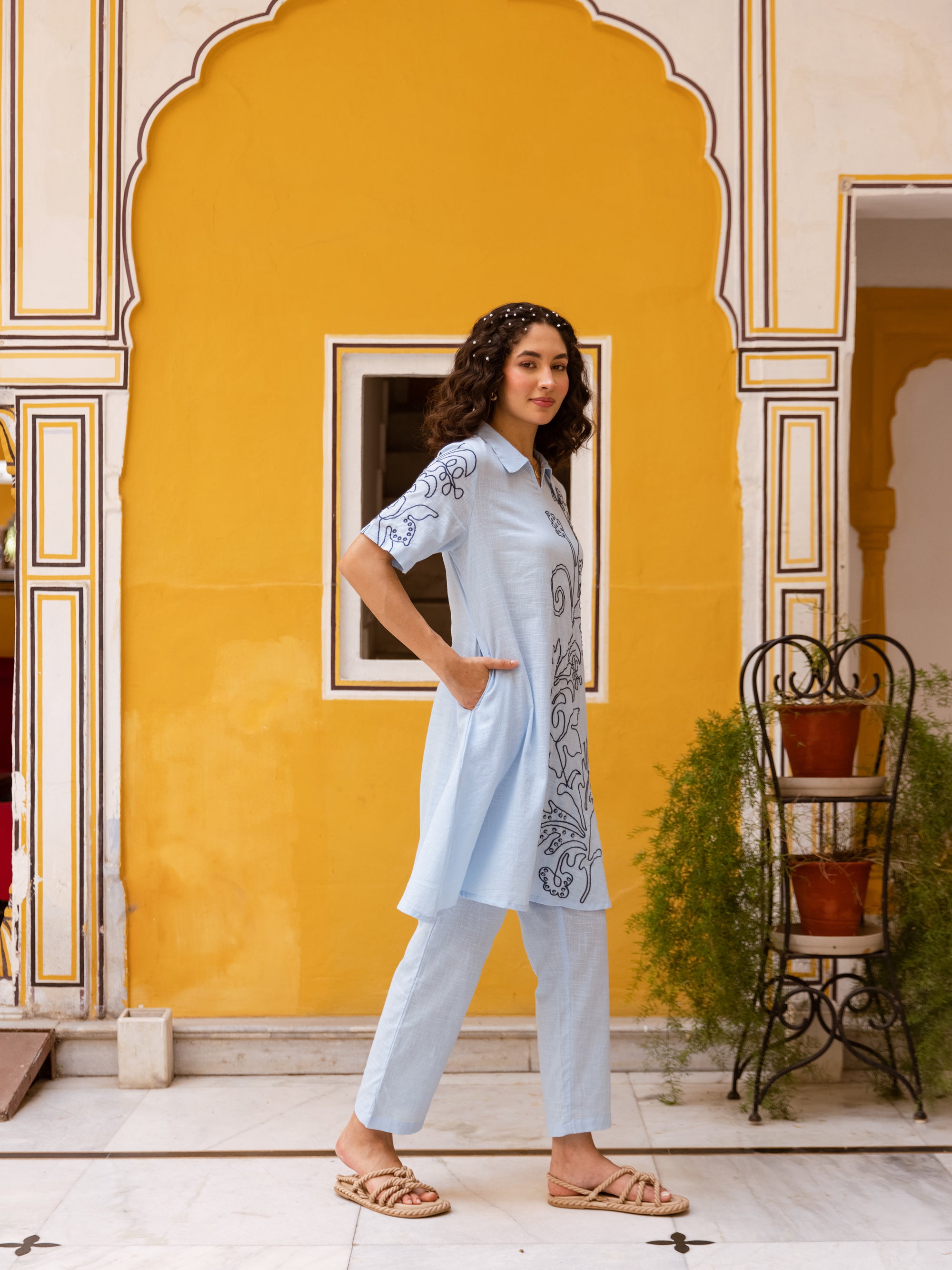 Berry Sky Blue Embroidery Kurta Set