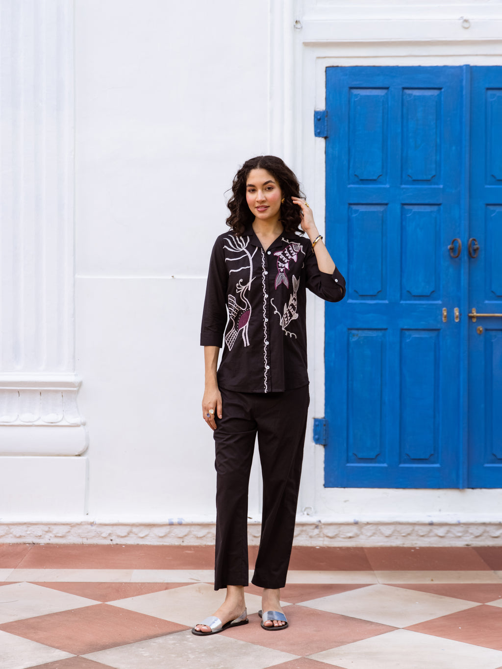 Blue Pine Black Embroidery Co-ord set