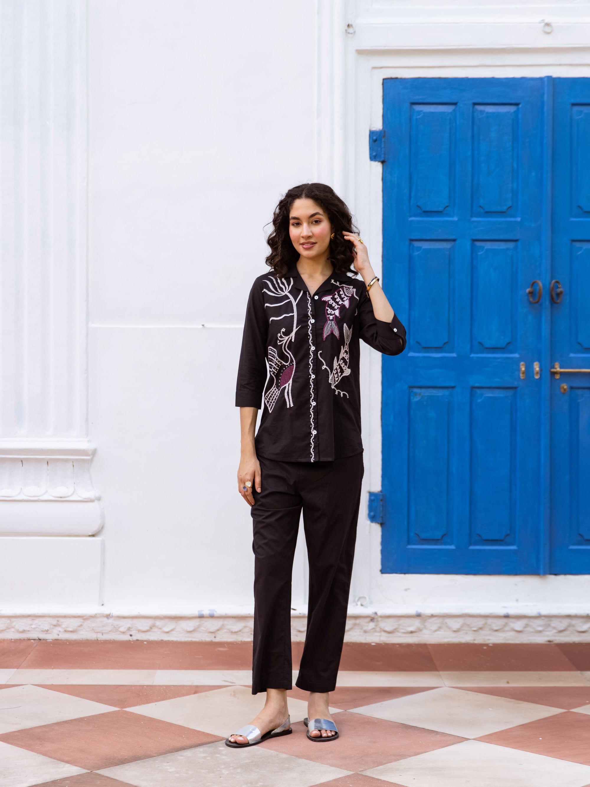 Blue Pine Black Embroidery Co-ord set